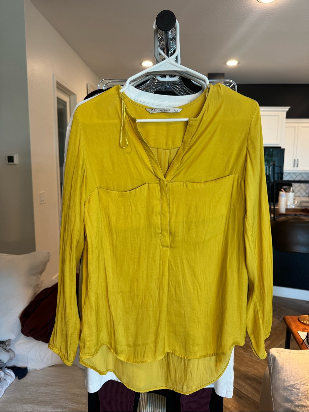 Zara Mustard Yellow Split-Neck Long Sleeve Blouse